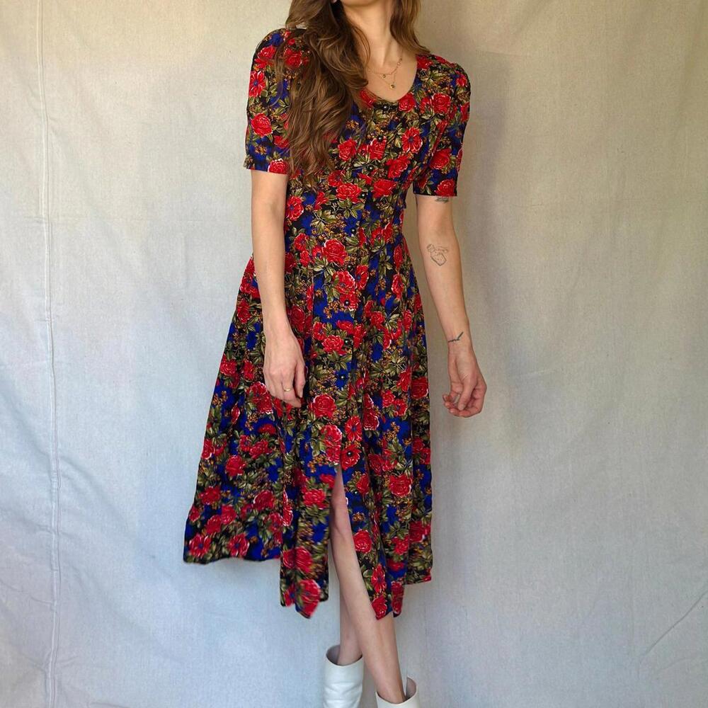 80s Black Floral Button Front Dress - Picture 2 of 12